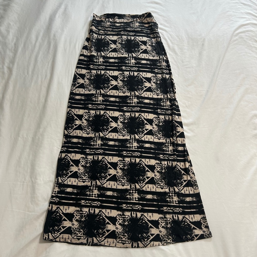 Rue21 Womens Small Black Tan Tribal Geometric Print Stretch Maxi Skirt Boho